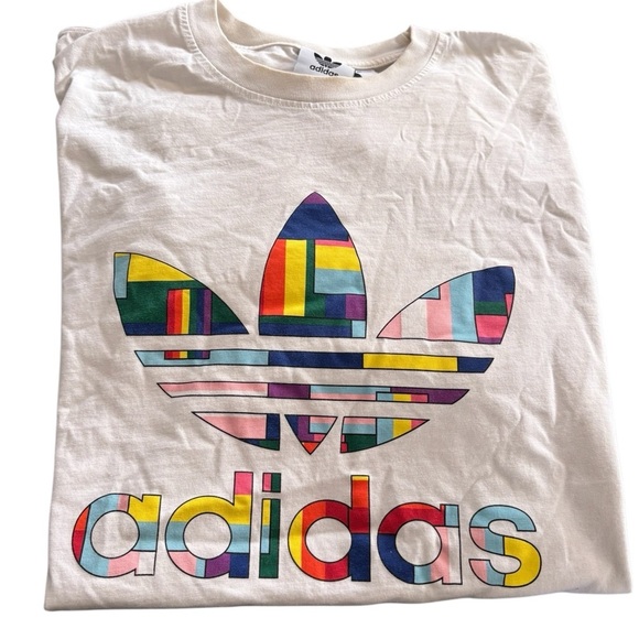 ADIDAS Original Pride Trefoil Flag SS Tee Sz L Colorful Love Unites Stains - Picture 1 of 10